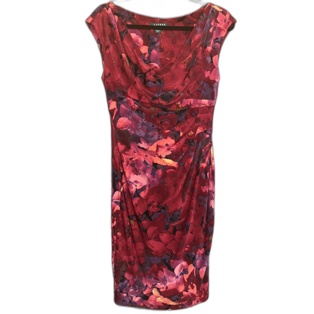Lauren Ralph Lauren Midi Dress Romantic Ruched Sheath Wedding Vacation size 6